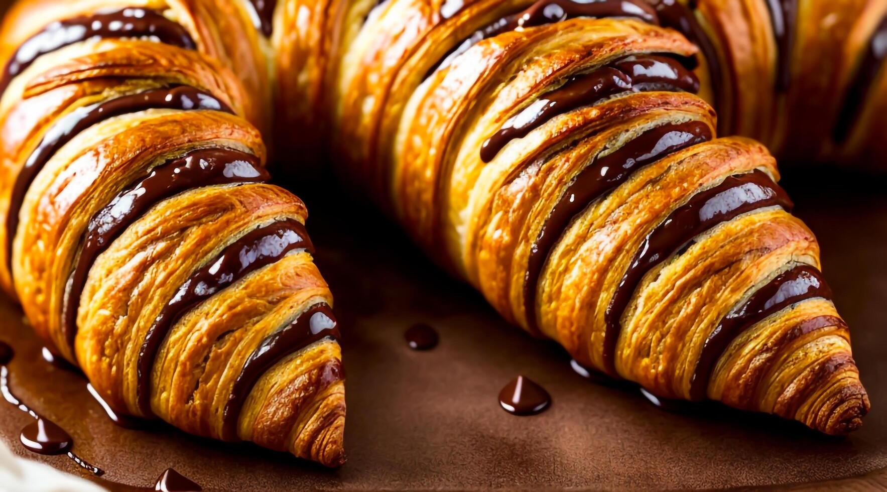 une l'eau à la bouche Chocolat croissant avec une succulent crémeux remplissage. ai généré. photo