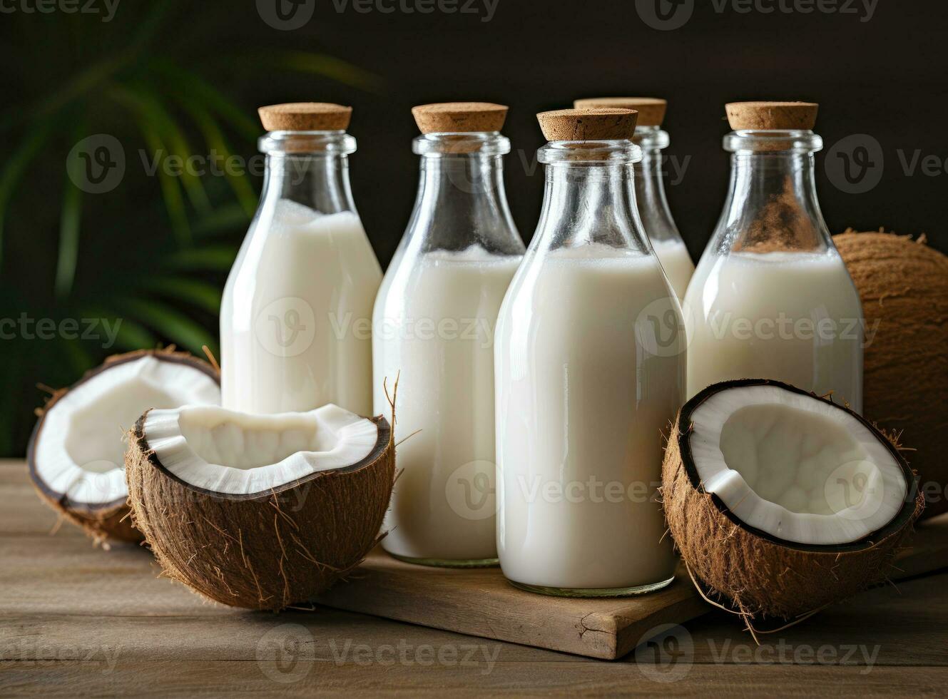 noix de coco Lait dans petit transparent bouteilles photo