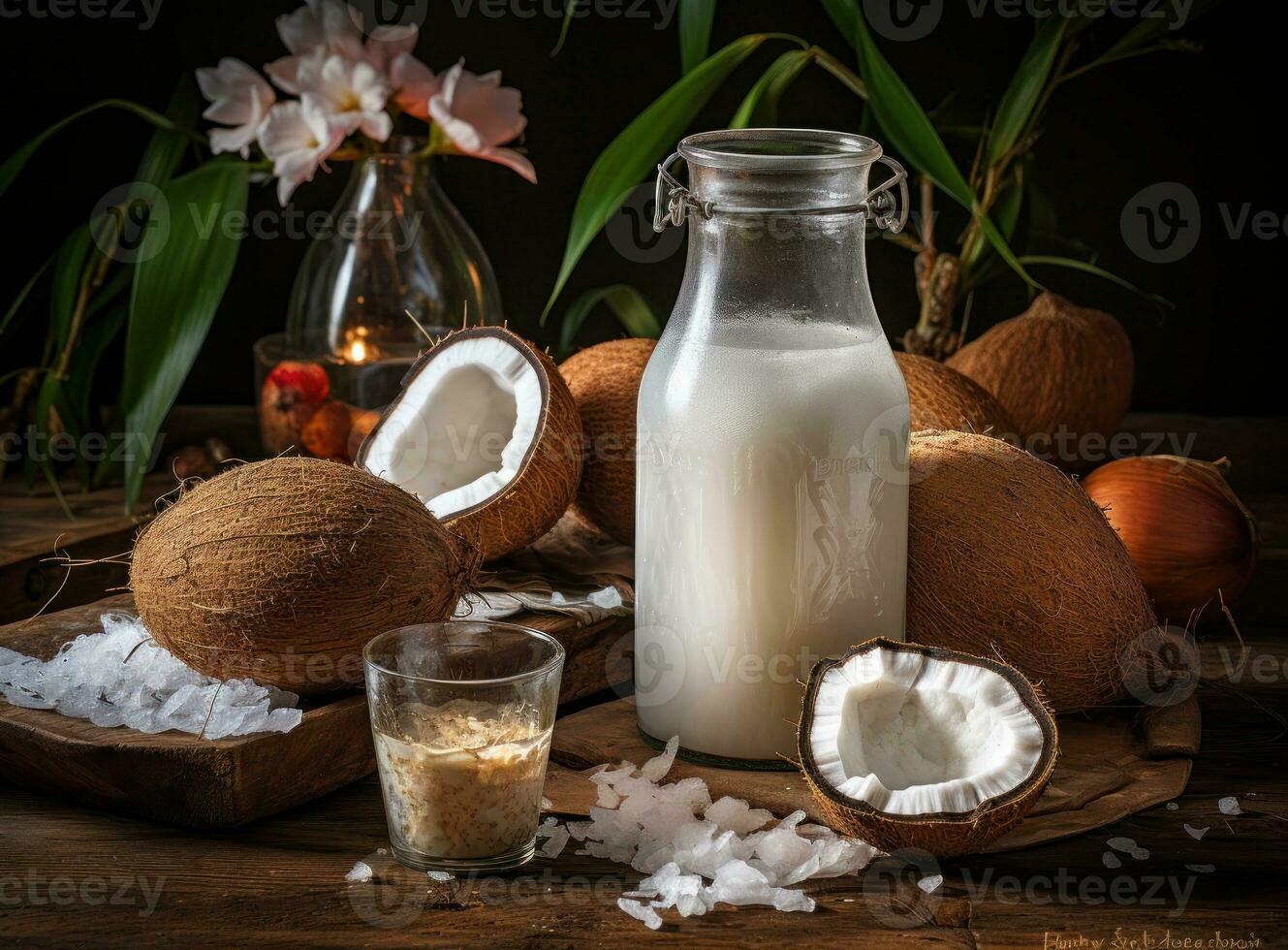 noix de coco Lait dans petit transparent bouteilles photo