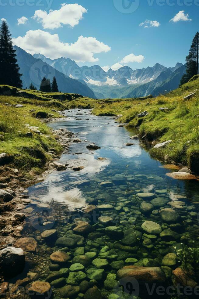 été. Soleil. agréable temps. la photographie. Montagne lac. ai génératif photo