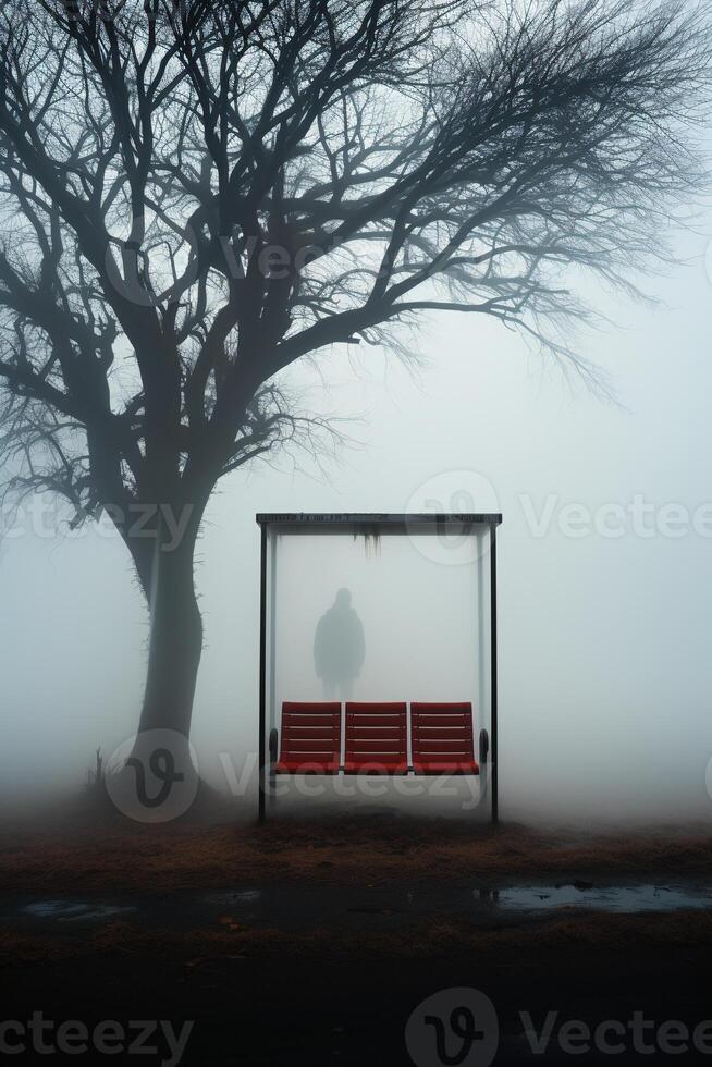 solitaire rural autobus Arrêtez dans le Matin brume. ai génératif photo