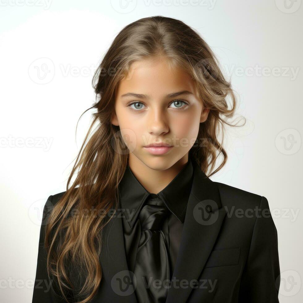 une mignonne fille dans une costume isolé sur blanc Contexte ai généré photo