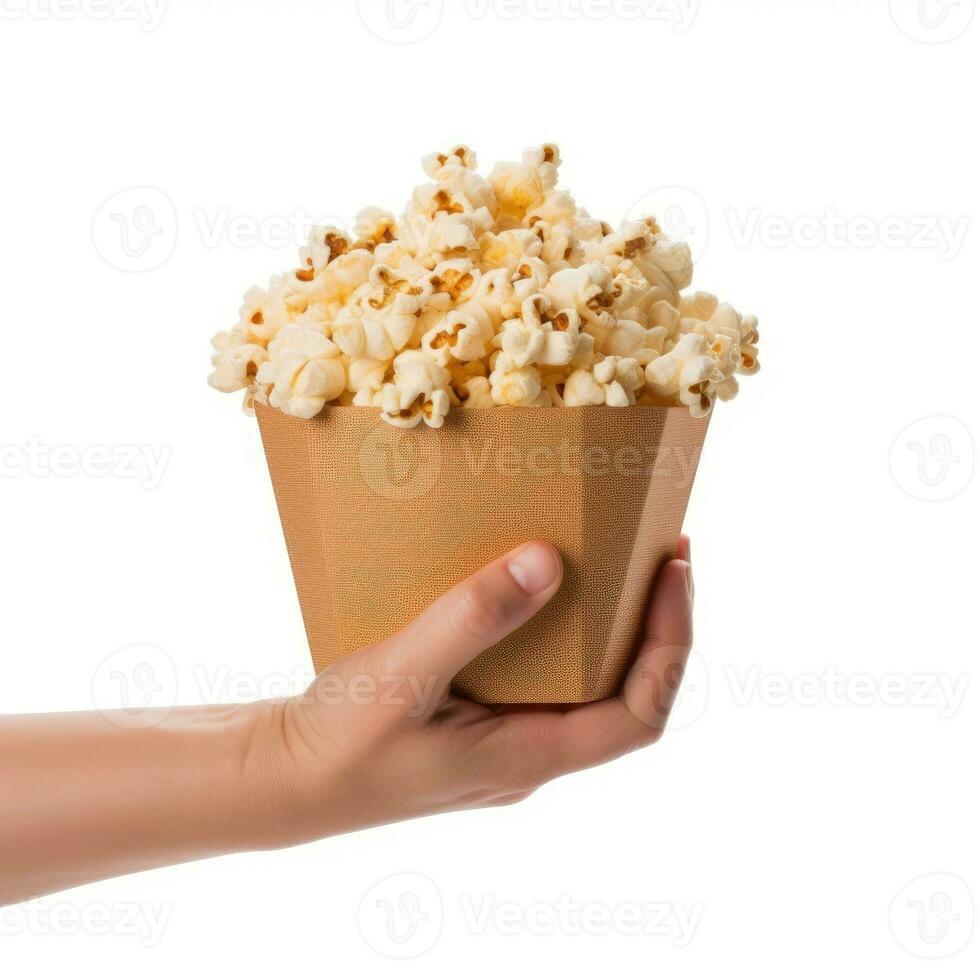 main en portant seau de pop corn isolé sur blanc Contexte ai généré photo