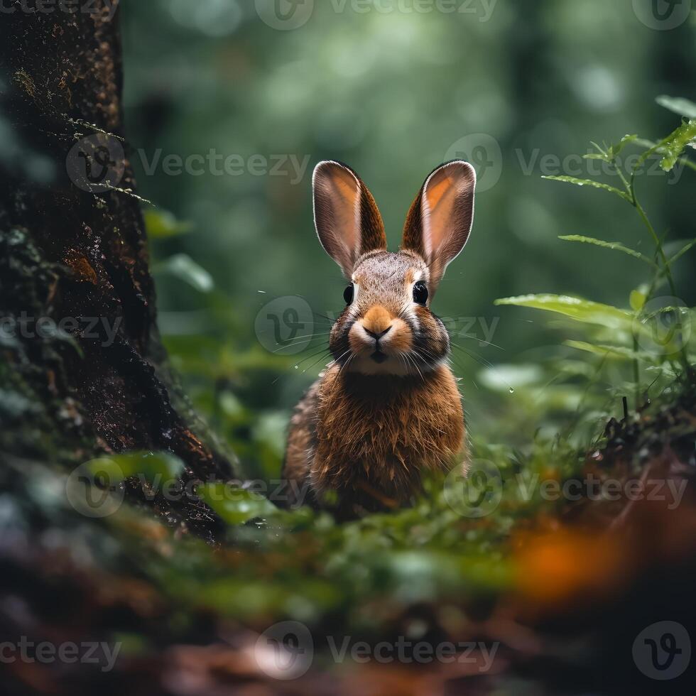 sauvage lapin dans pluie forêt ai généré photo