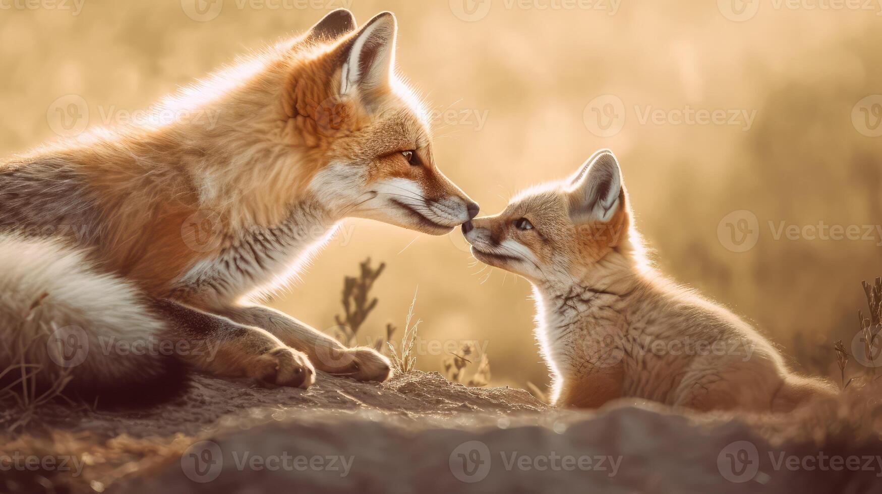 adulte et peu Renard interagir ai généré photo