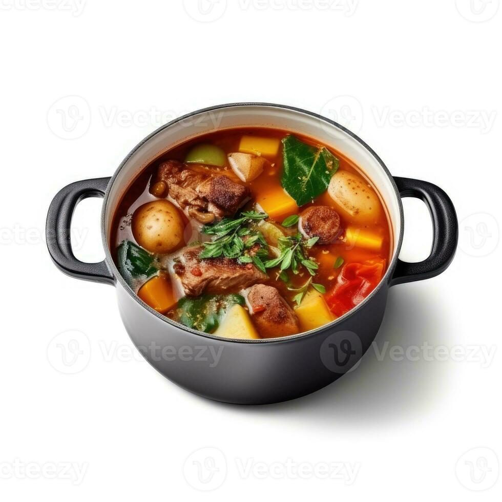 pot de soupe avec Viande et des légumes isolé sur blanc Contexte ai généré photo