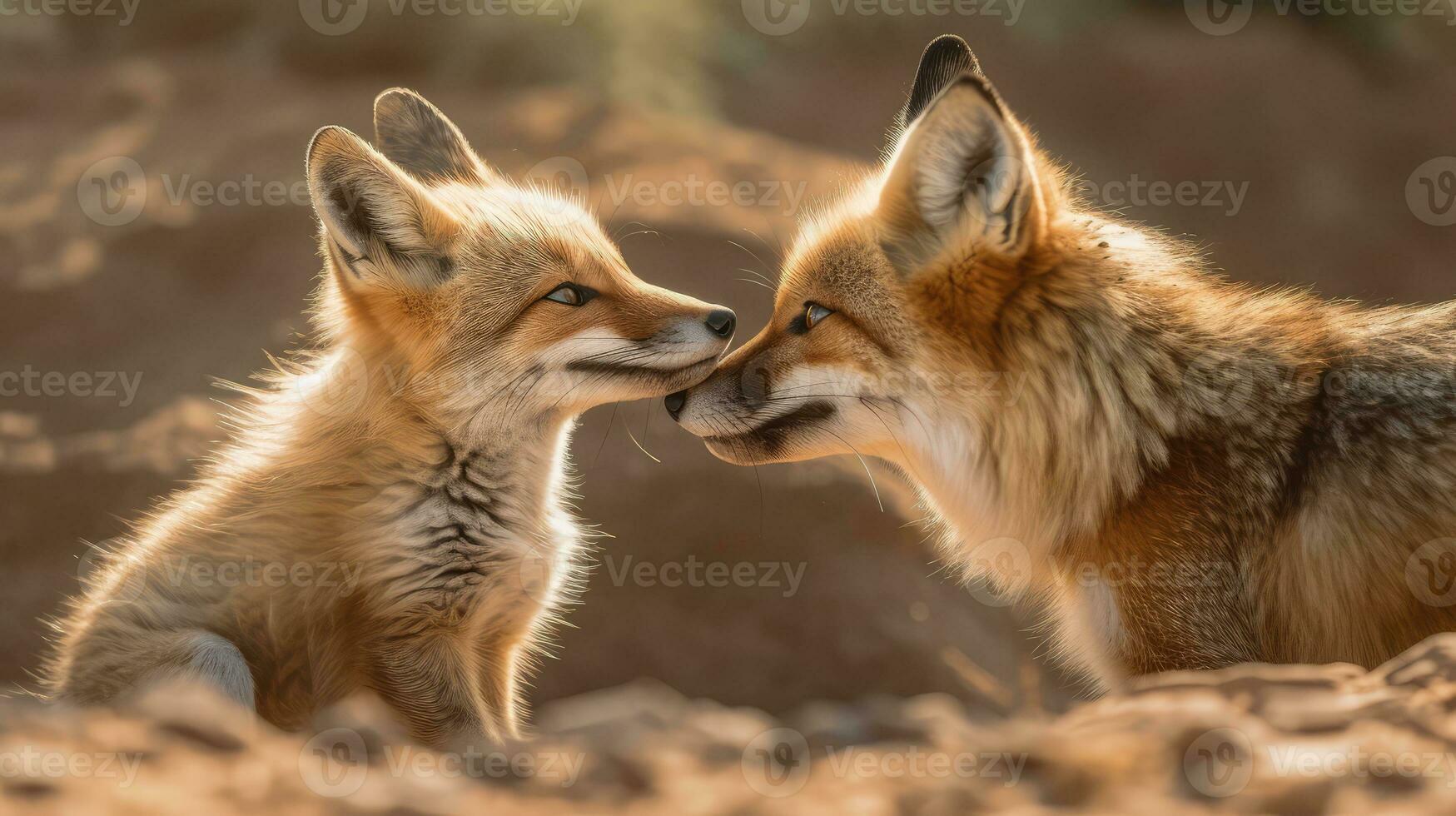 adulte et peu Renard interagir ai généré photo