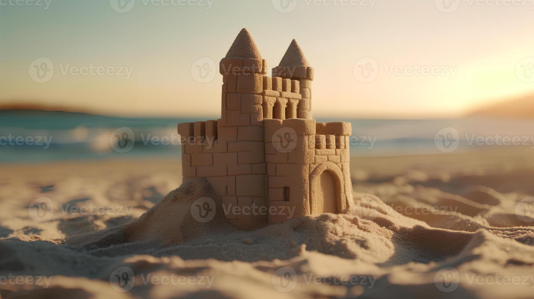 le sable Château sur le plage ai généré photo