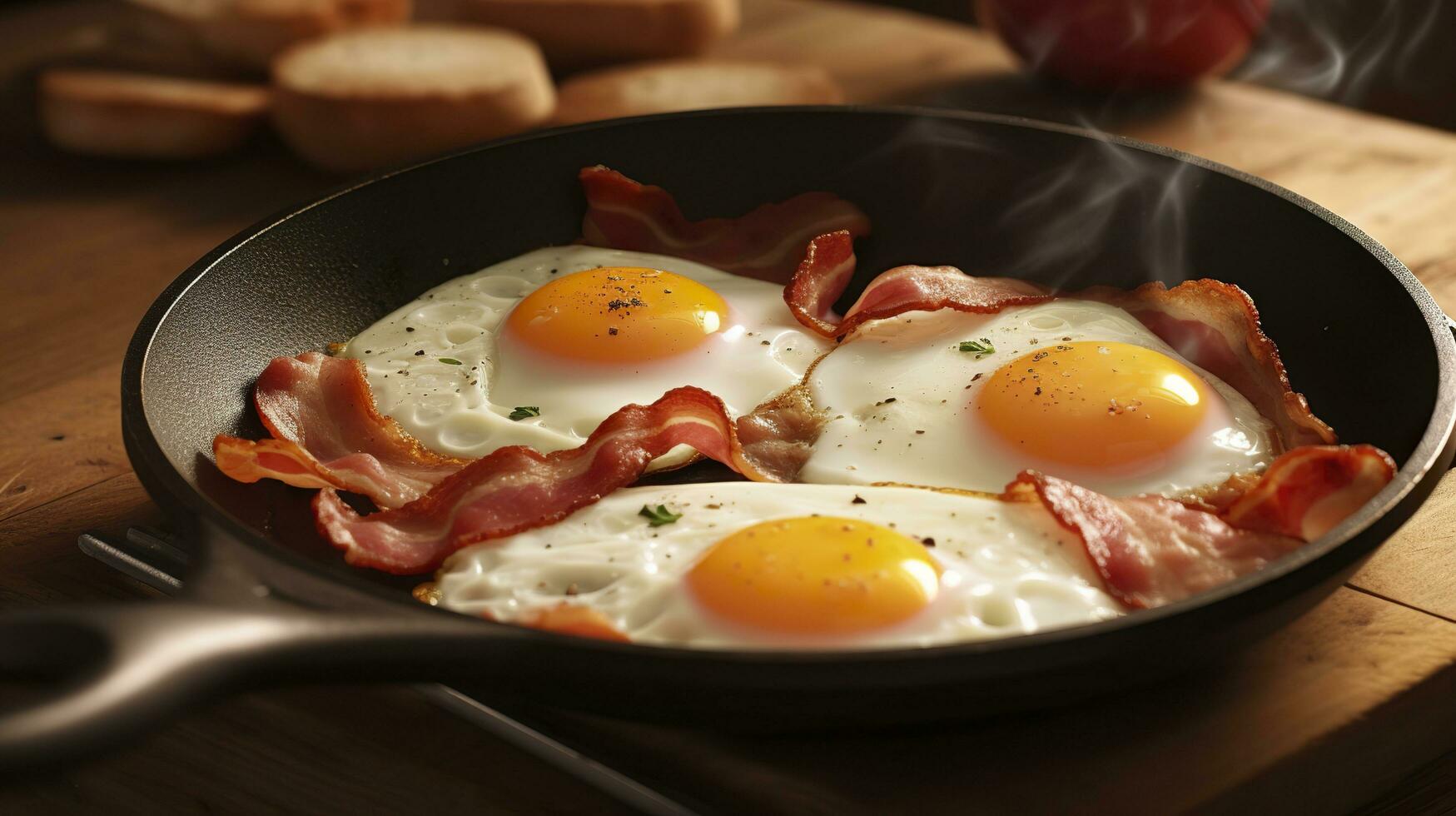 Bacon et des œufs dans une poêle. composition avec savoureux frit des œufs et Bacon sur en bois tableau. ai génératif photo
