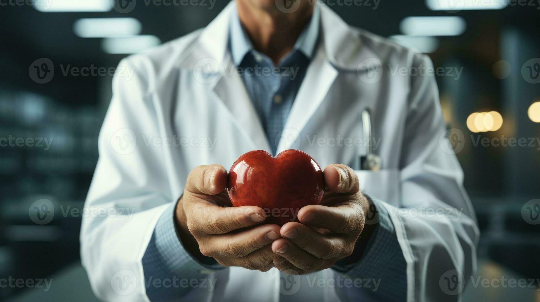 médecin en portant rouge cœur dans mains concept ai généré photo