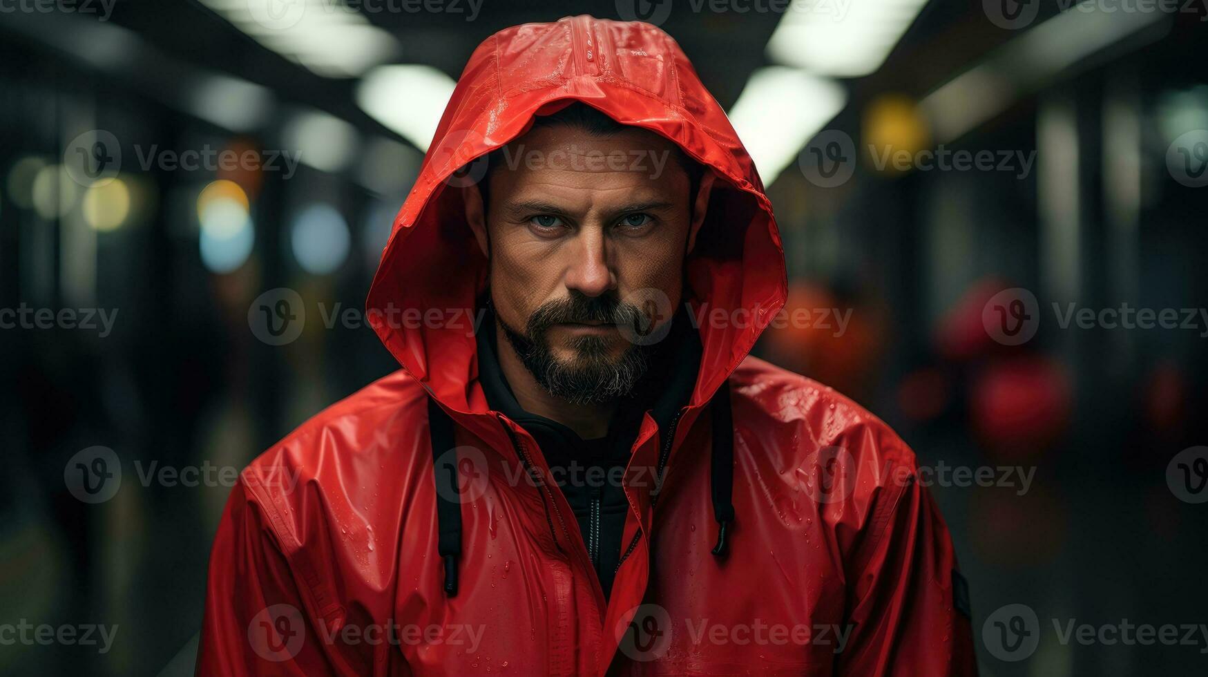 une homme dans une rouge pluie manteau ai généré photo