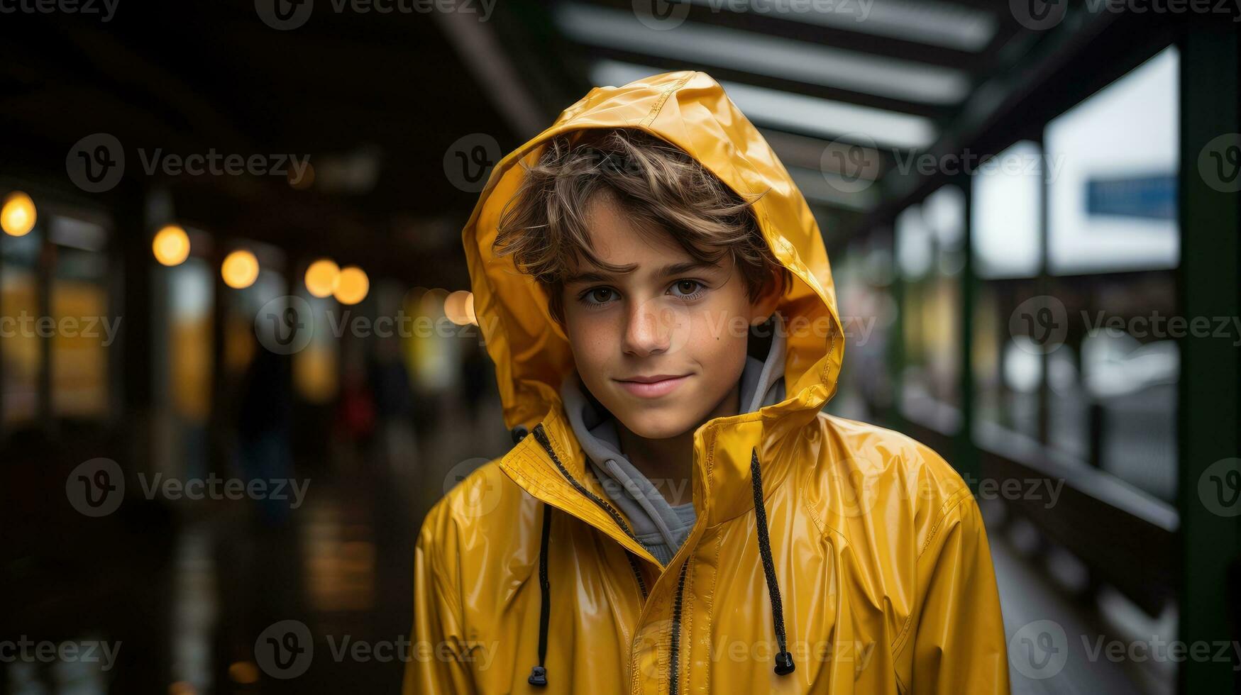 une Beau garçon dans une Jaune pluie manteau ai généré photo