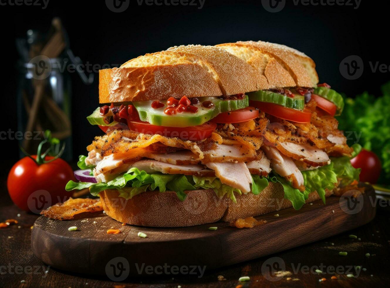 une savoureux dinde et salade sandwich avec une garnir de tomates et autre des légumes photo