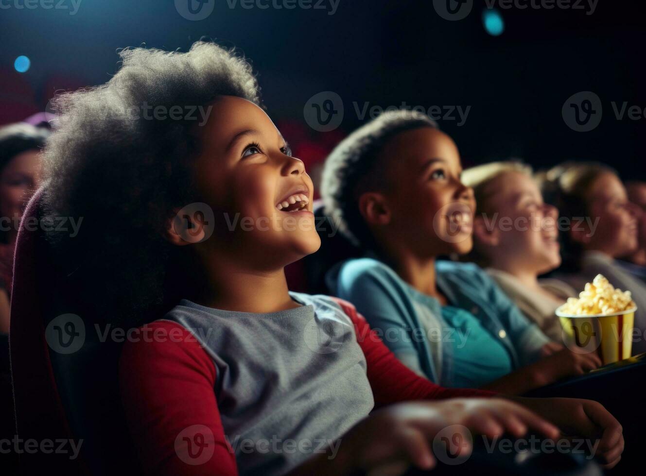 Jeune des gamins souriant attendre avec pop corn à cinéma photo