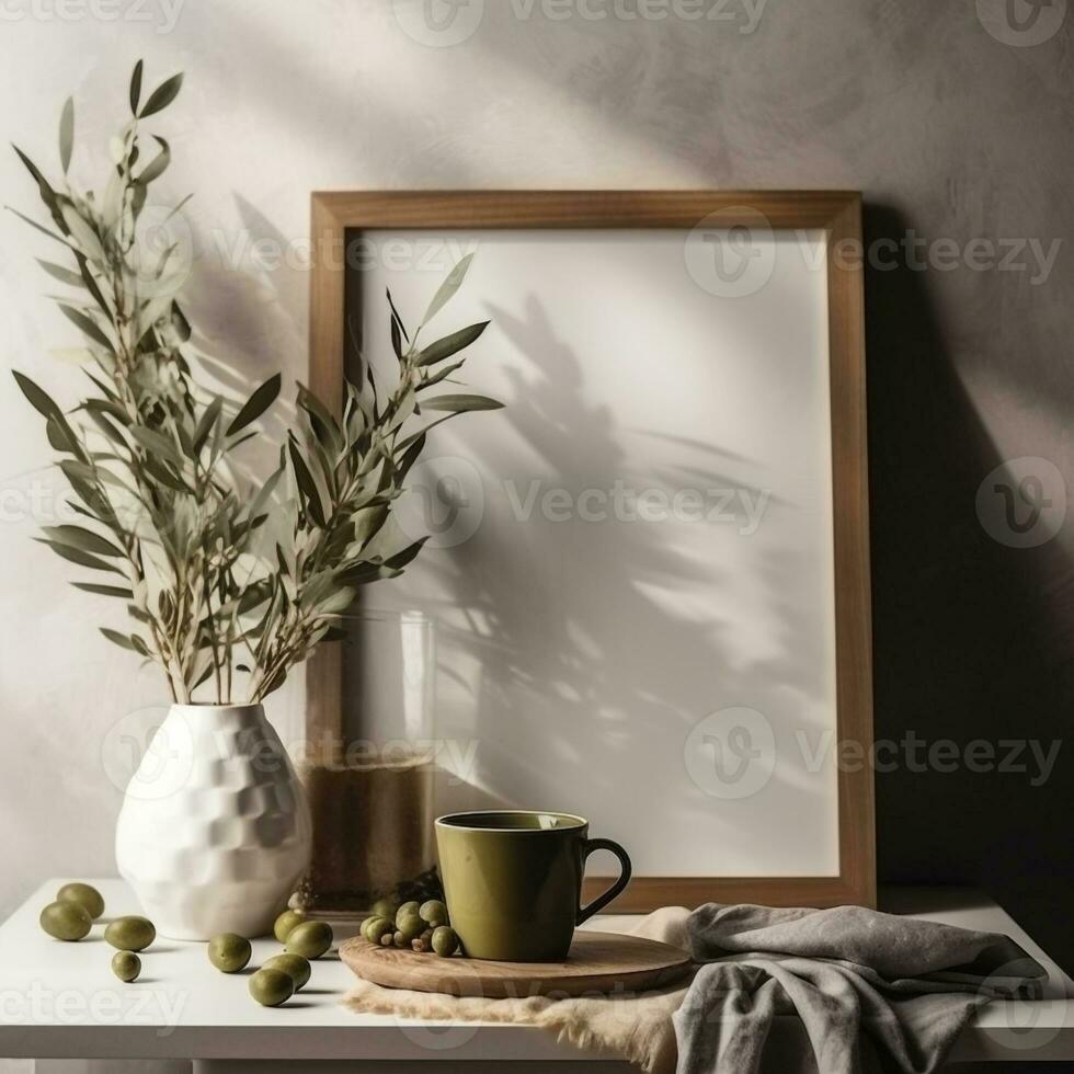 tasse de thé avec fleurs et photo Cadre établi en utilisant génératif ai