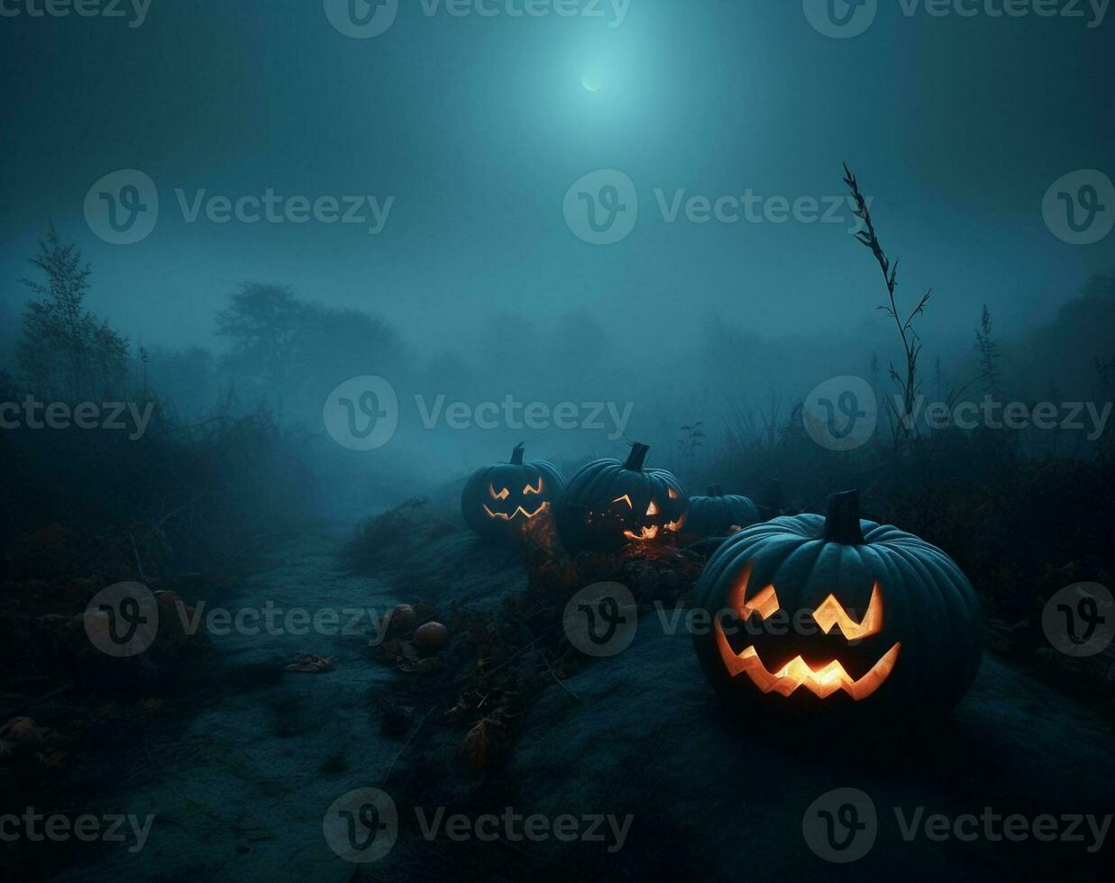 effrayant Halloween citrouille dans le forêt établi en utilisant génératif ai photo
