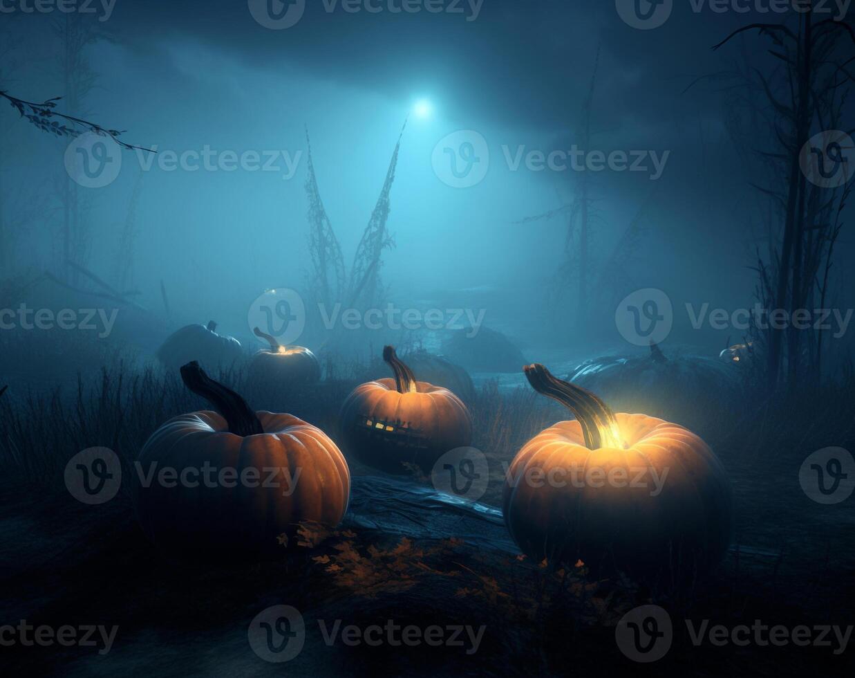 effrayant Halloween citrouille dans le forêt établi en utilisant génératif ai photo