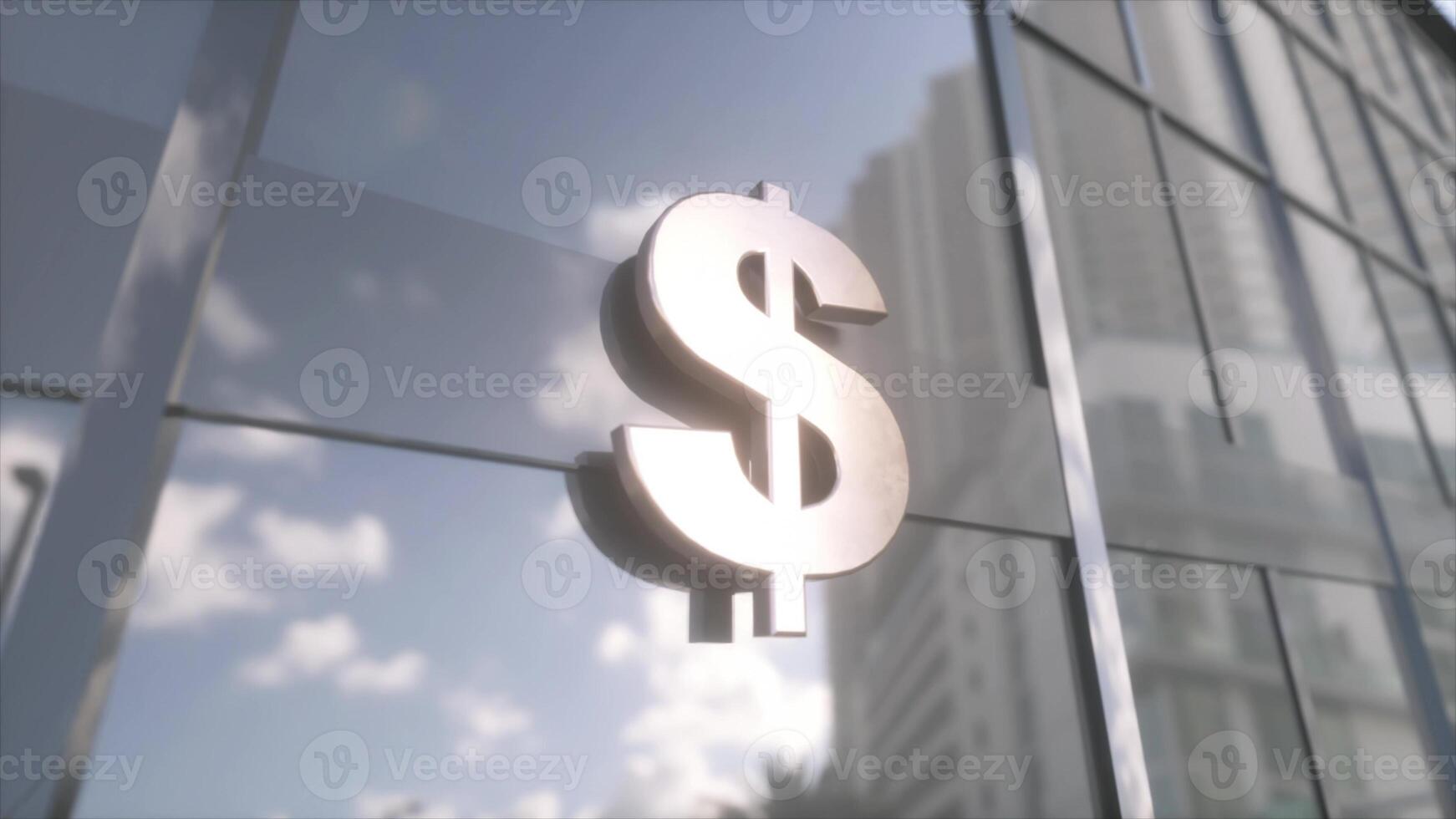 dollar devise symbole sur une moderne verre gratte-ciel. en miroir ciel et ville sur moderne façade. affaires et la finance concept. 3d illustration photo