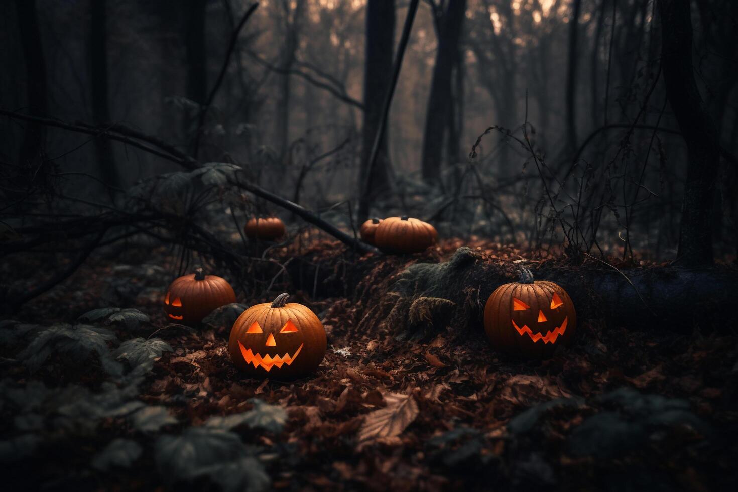 effrayant Halloween citrouille dans le forêt établi en utilisant génératif ai photo