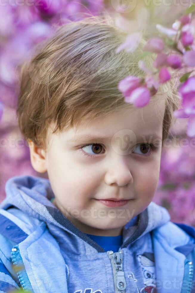 portrait de une enfant dans rose Pomme fleurs. Pomme arbre dans floraison. printemps floraison de le Pomme verger. Contexte pour présentations, affiches, bannières, et salutation cartes photo