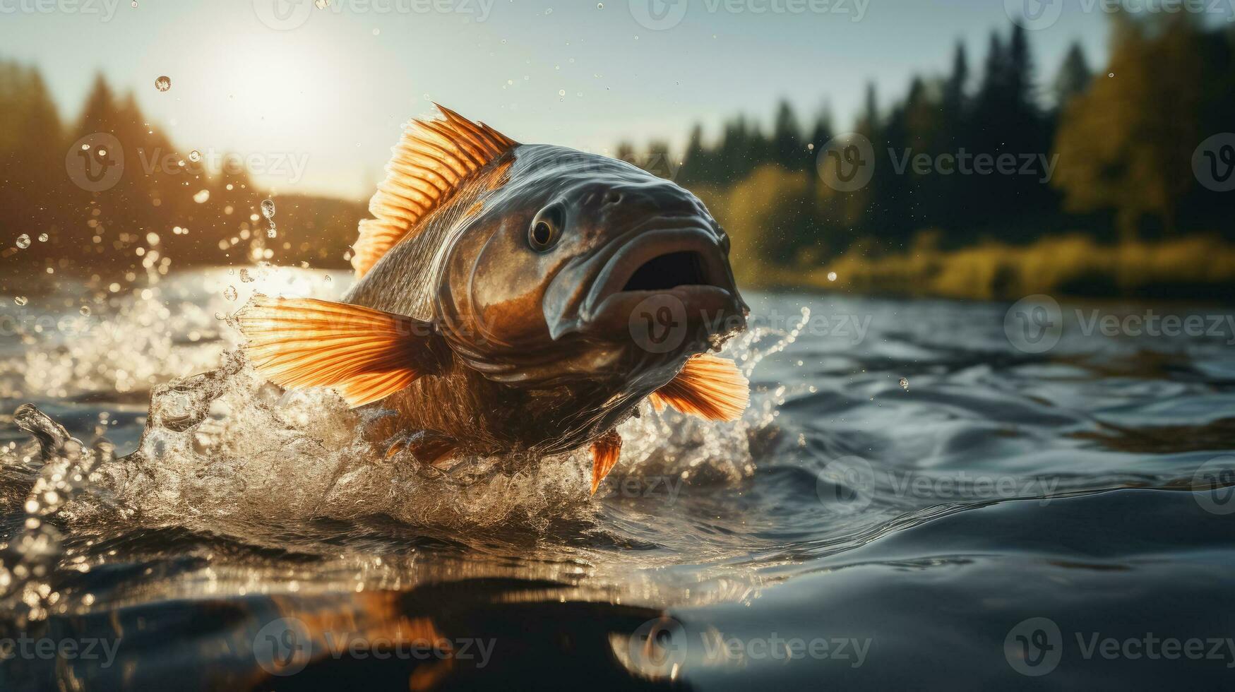 Poisson-chat sauter en dehors de une rivière Contexte avec vide espace pour texte photo