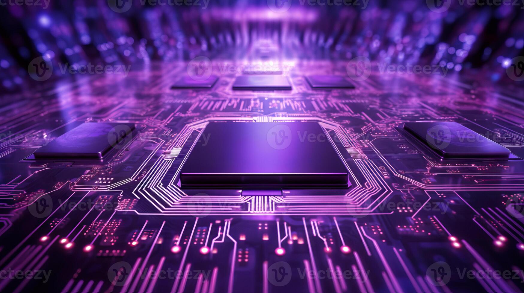 fermé en haut de CPU sur le circuit planche avec violet éclairage. technologie, innovation et futur concept.ai généré, génératif ai photo