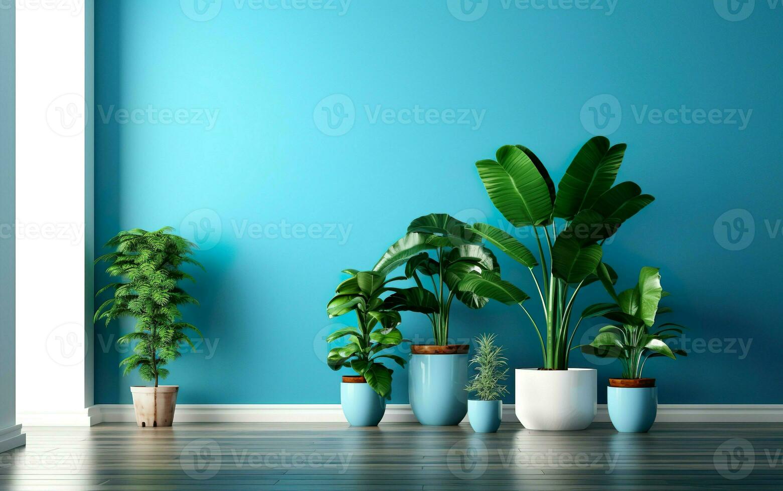 vivant pièce intérieur avec mis en pot végétaux, bleu mur et bleu canapé.  intérieur mis en pot les plantes décoration. ai génératif 28764793 Photo de  stock chez Vecteezy