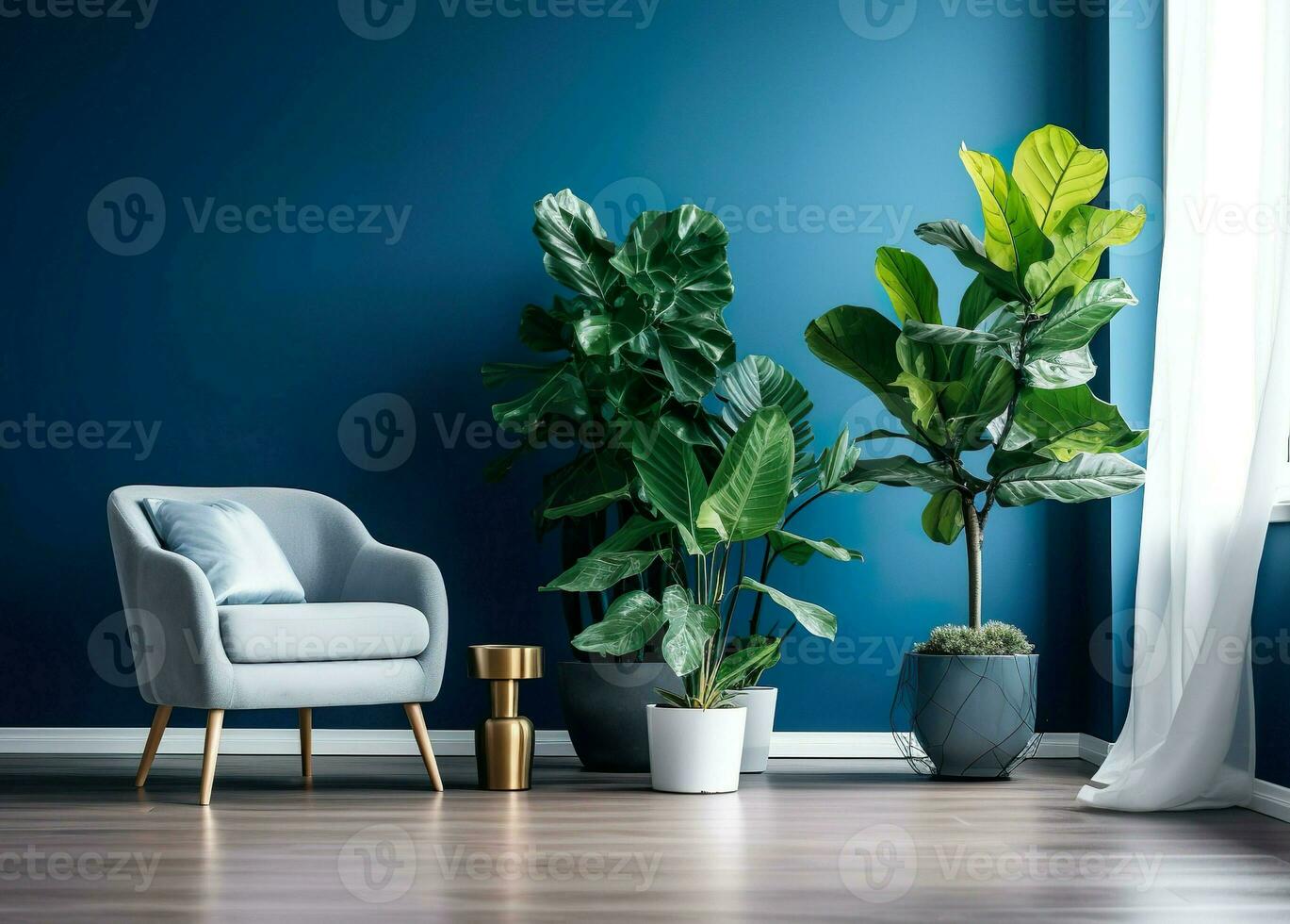 vivant pièce intérieur avec mis en pot végétaux, bleu mur et bleu fauteuil.  intérieur mis en pot les plantes décoration. ai génératif 28737562 Photo de  stock chez Vecteezy