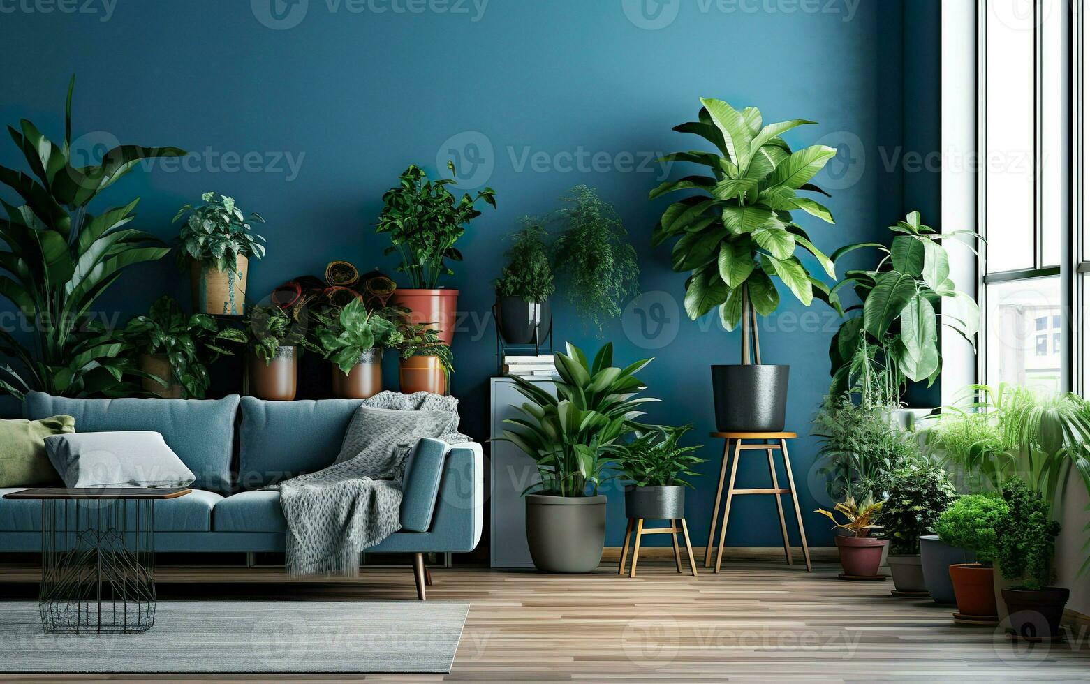 vivant pièce intérieur avec mis en pot végétaux, bleu mur et bleu canapé.  intérieur mis en pot les plantes décoration. 26541650 Photo de stock chez  Vecteezy