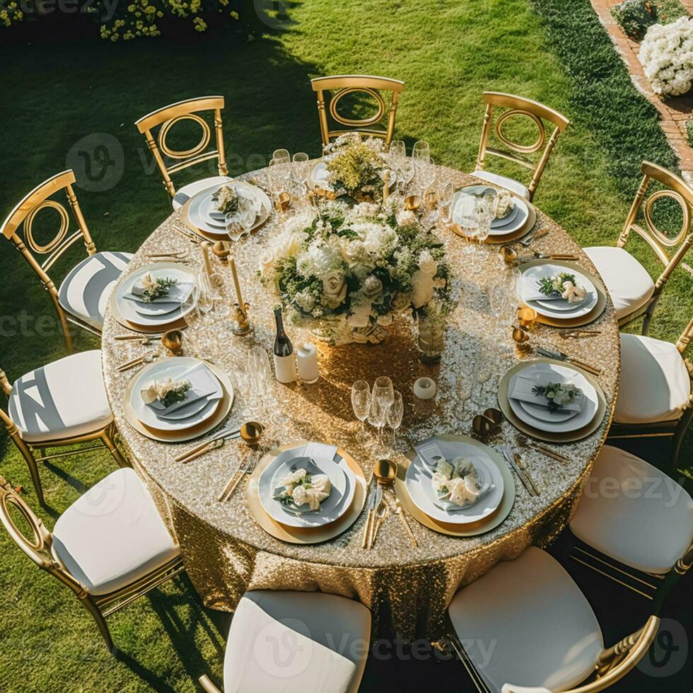 vacances paysage de table, d'or formel dîner table paramètre, table scape avec or décoration pour mariage fête et un événement fête, génératif ai photo