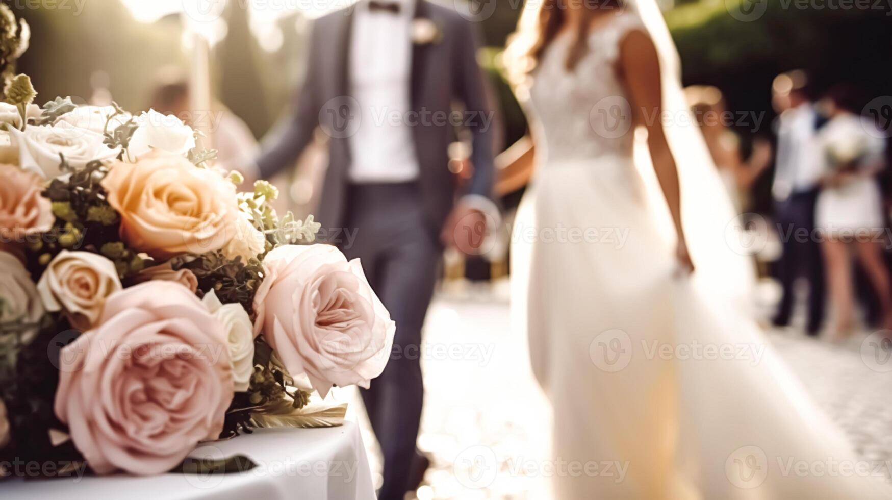 mariage la cérémonie et fête, la mariée et jeune marié à une magnifique Extérieur lieu sur une ensoleillé jour, luxe mariage décor avec fleurs et de mariée bouquet, génératif ai photo