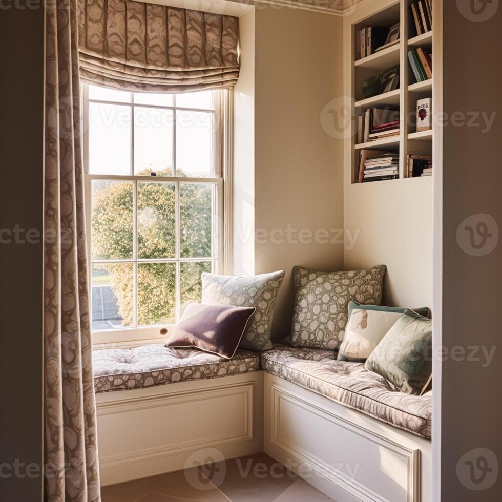 fenêtre siège, intérieur conception et confort à maison, en train de lire coin avec étagères et coussins, Accueil décor dans une pays loger, Anglais chalet style, génératif ai photo