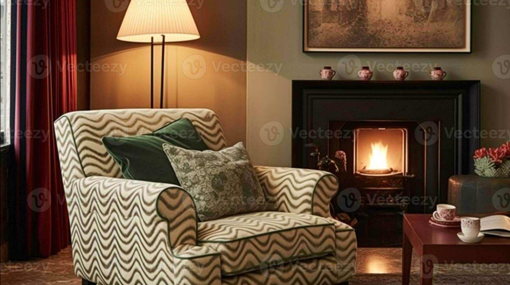 moderne classique séance pièce décor, intérieur conception et maison amélioration, vivant pièce meubles, fauteuil et Accueil décor dans Anglais pays maison et élégant chalet style, génératif ai photo