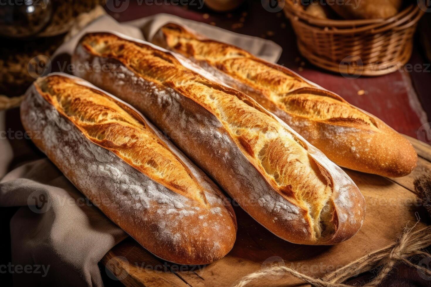 Stock photo de français pain ou baguette dans cuisine table ai généré