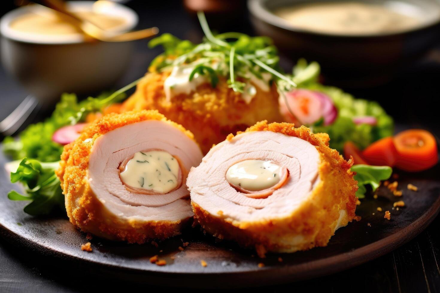 poulet cordon bleu dans le cuisine table nourriture la photographie ai généré photo