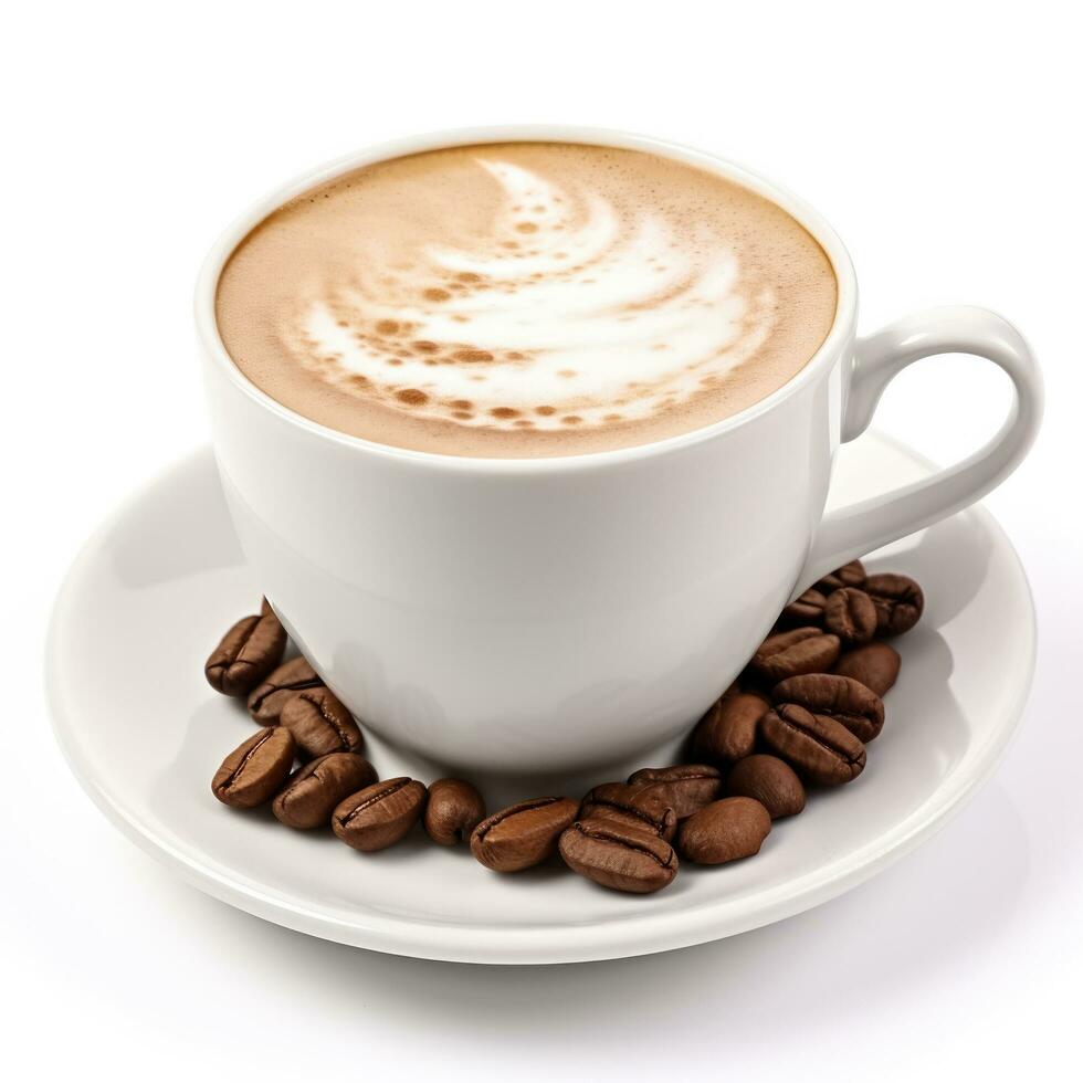 Chocolat Noisette latté dans une blanc tasse isolé sur blanc Contexte photo