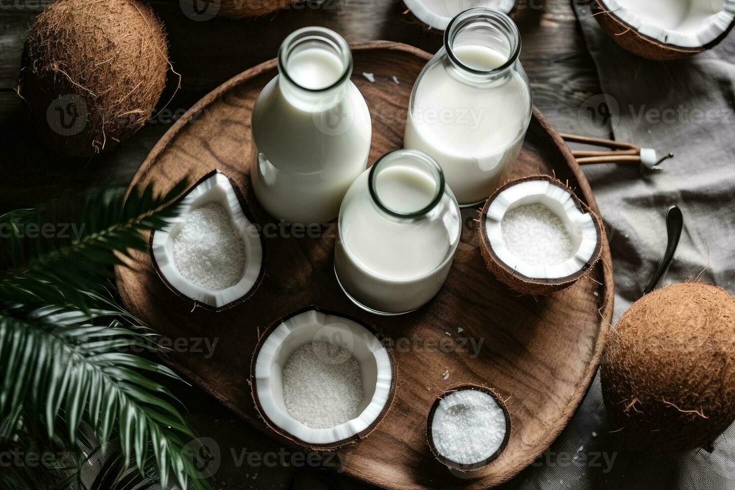 Stock photo de noix de coco Lait dans cuisine table plat allonger ai généré