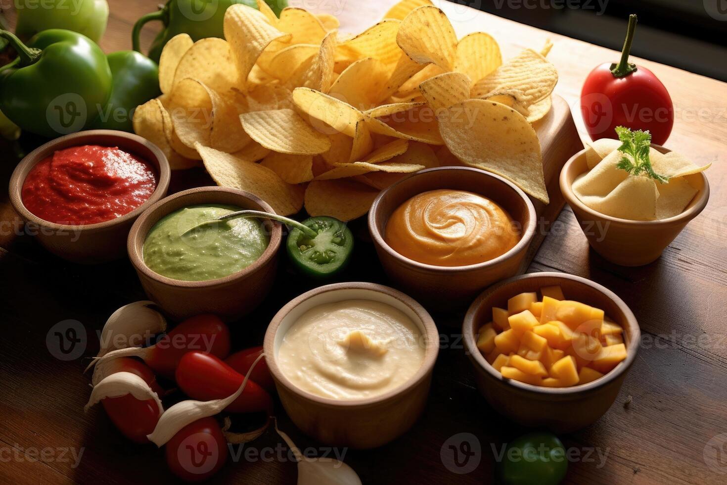 frites et trempettes dans le cuisine table nourriture la photographie ai généré photo