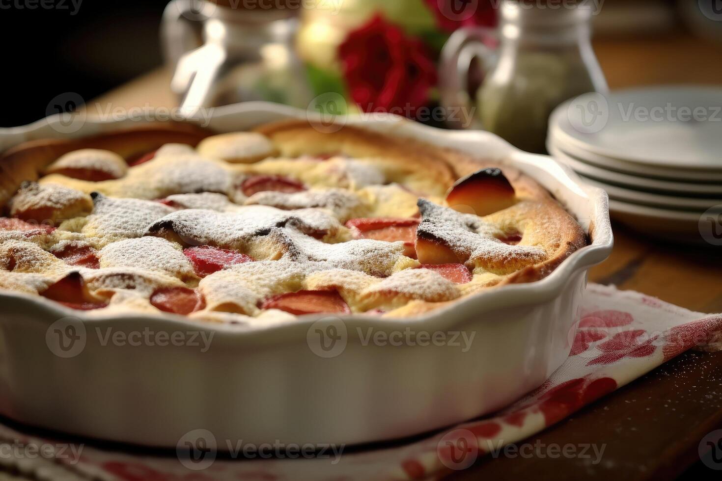 clafoutis dans le cuisine table nourriture la photographie ai généré photo