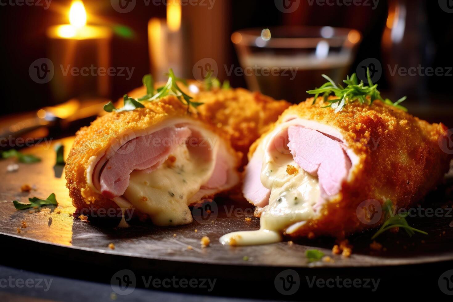 poulet cordon bleu dans le cuisine table nourriture la photographie ai généré photo