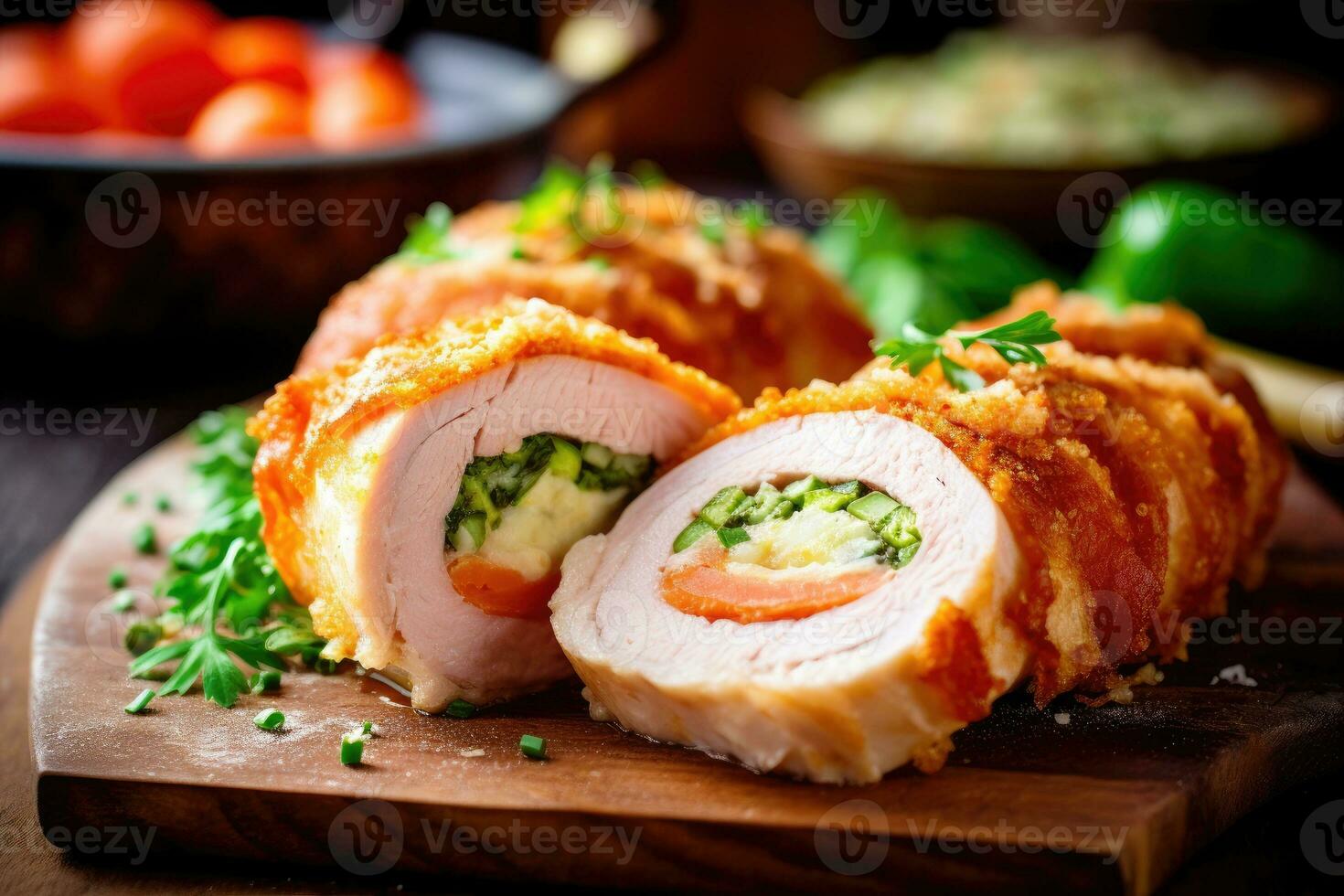 poulet cordon bleu dans le cuisine table nourriture la photographie ai généré photo