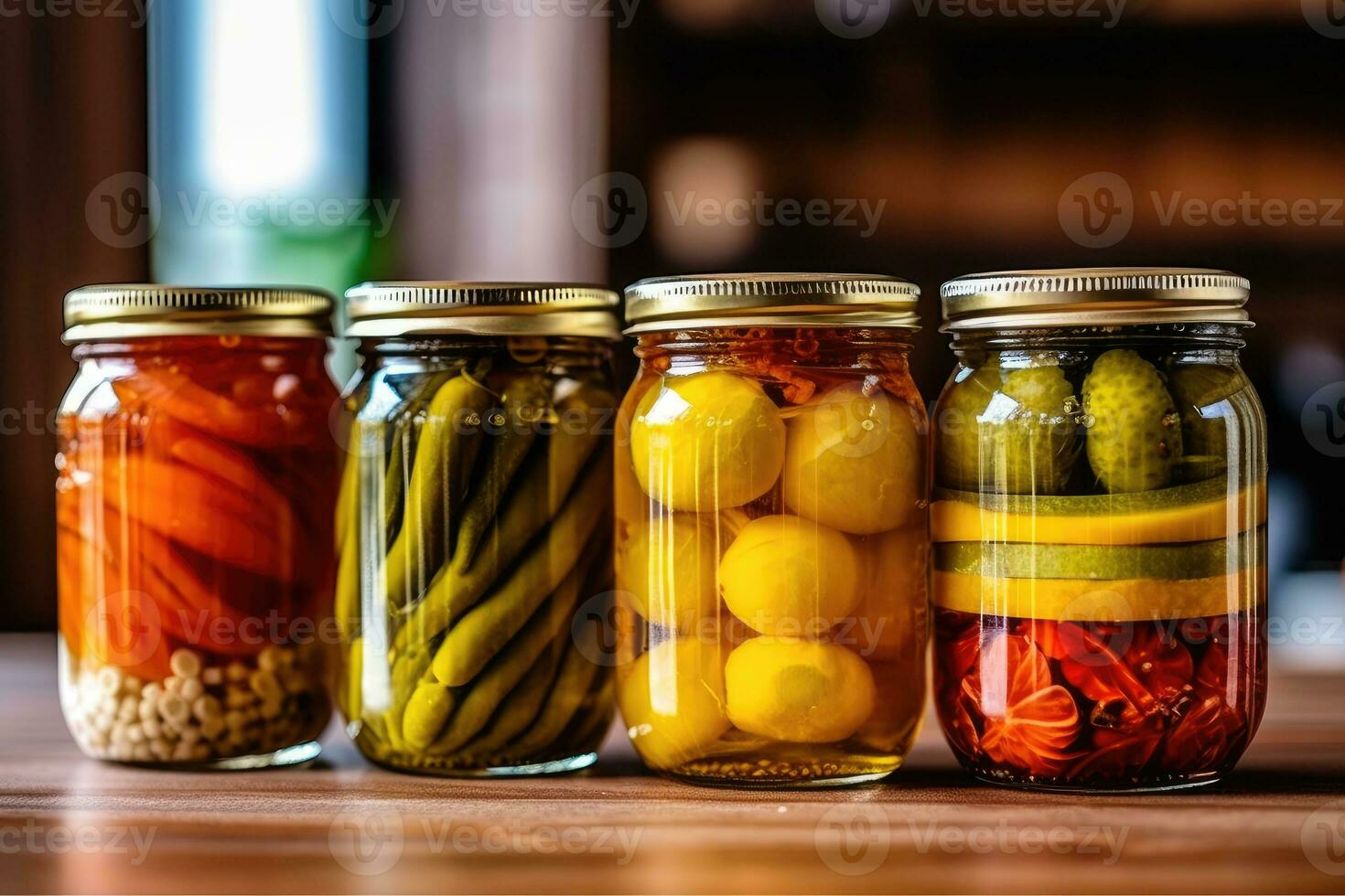 en conserve fruit dans le cuisine table nourriture la photographie ai généré photo