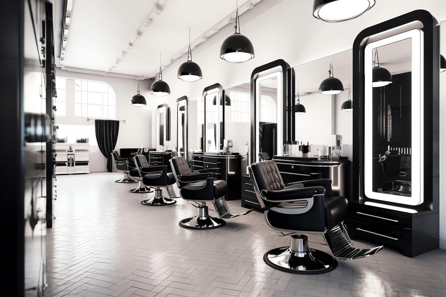 moderne salon de coiffure intérieur avec miroirs chaise et autre équipement près les fenêtres. chaises dans salon de coiffure concept par ai généré photo