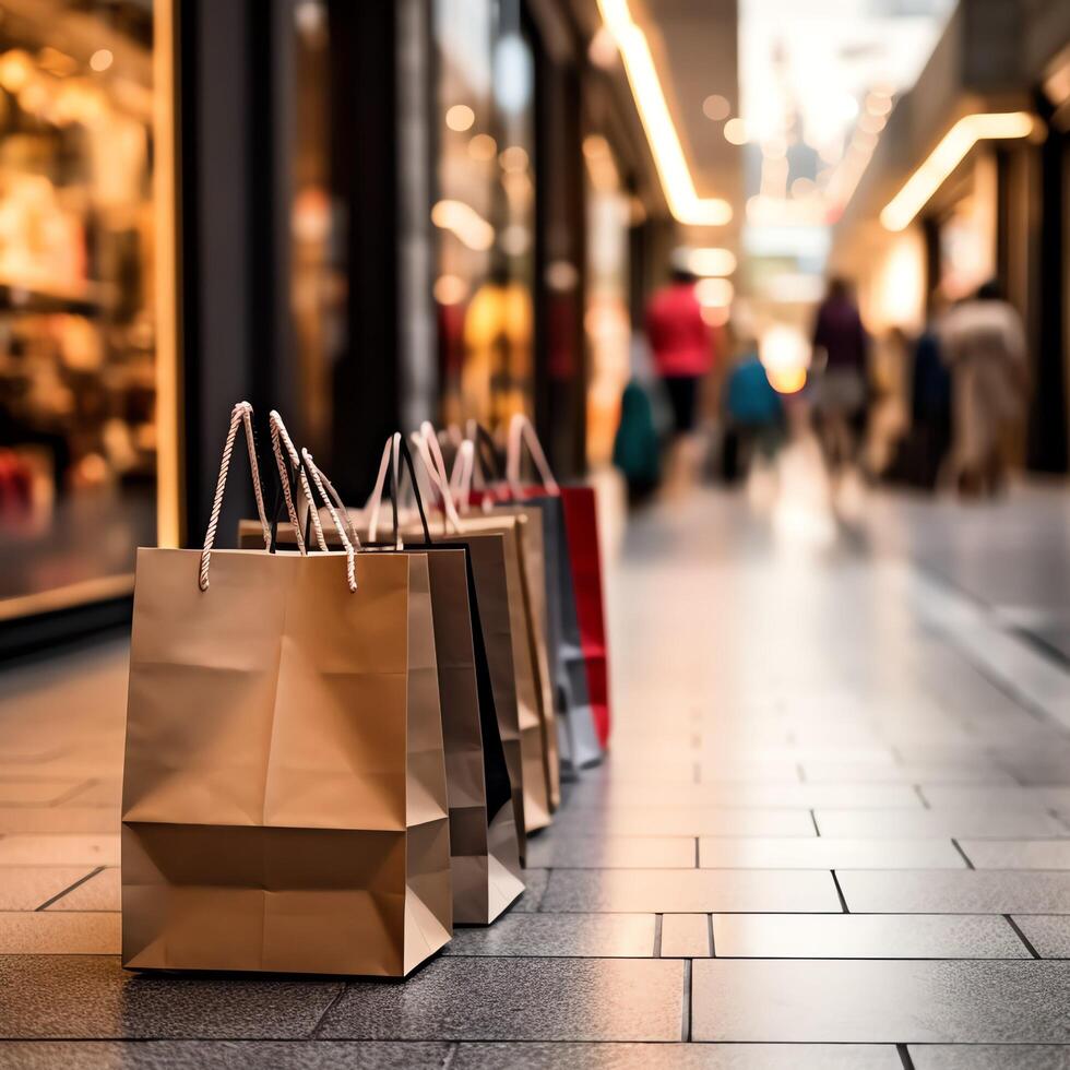 une ensemble de coloré achats Sacs avec poignées. papier achats Sacs proche en haut. achats journées concept par ai généré photo