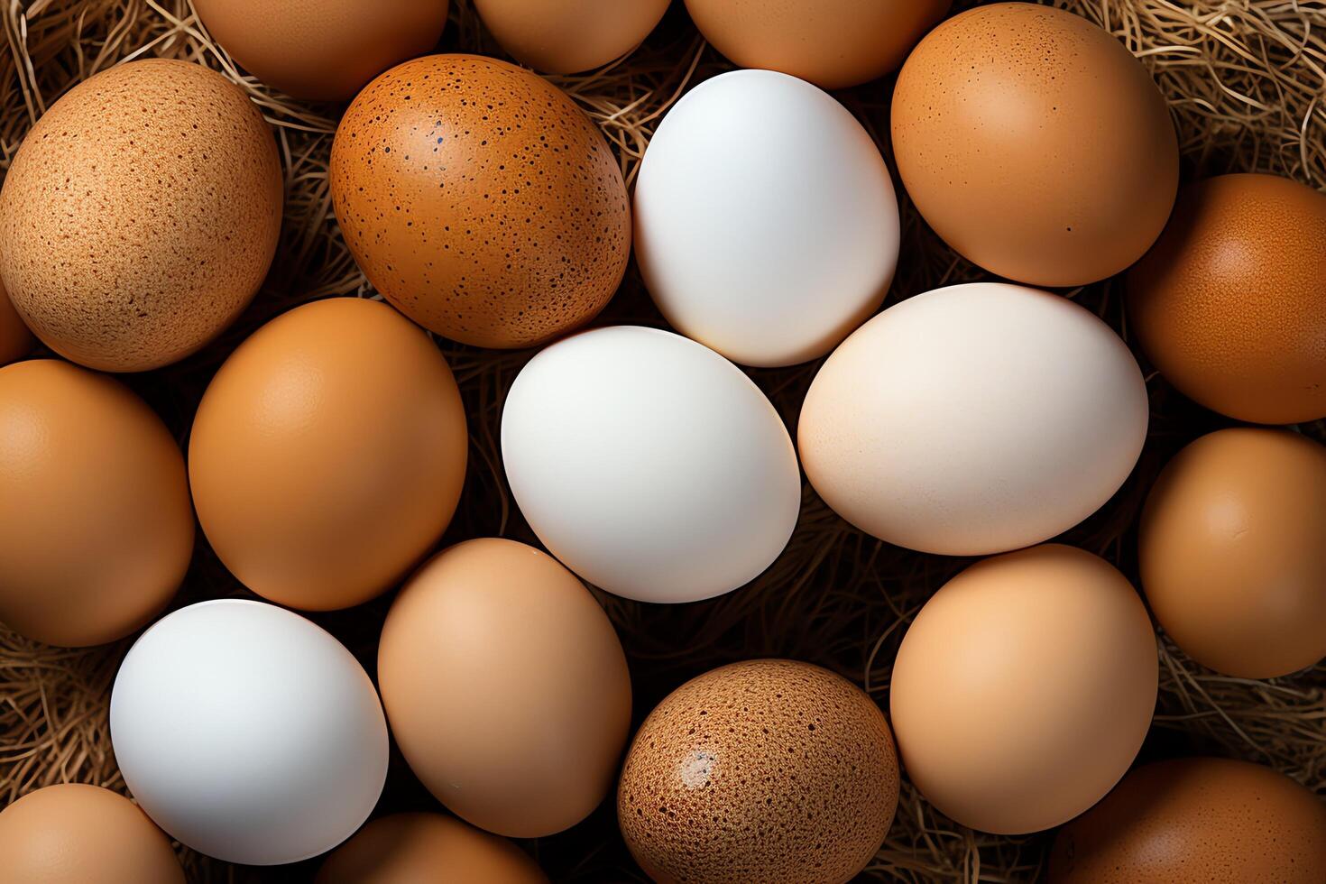 une lot tas de Frais poulet des œufs sur le en bois, nid ou paille panier. éco des œufs les courses en bonne santé concept par ai généré photo