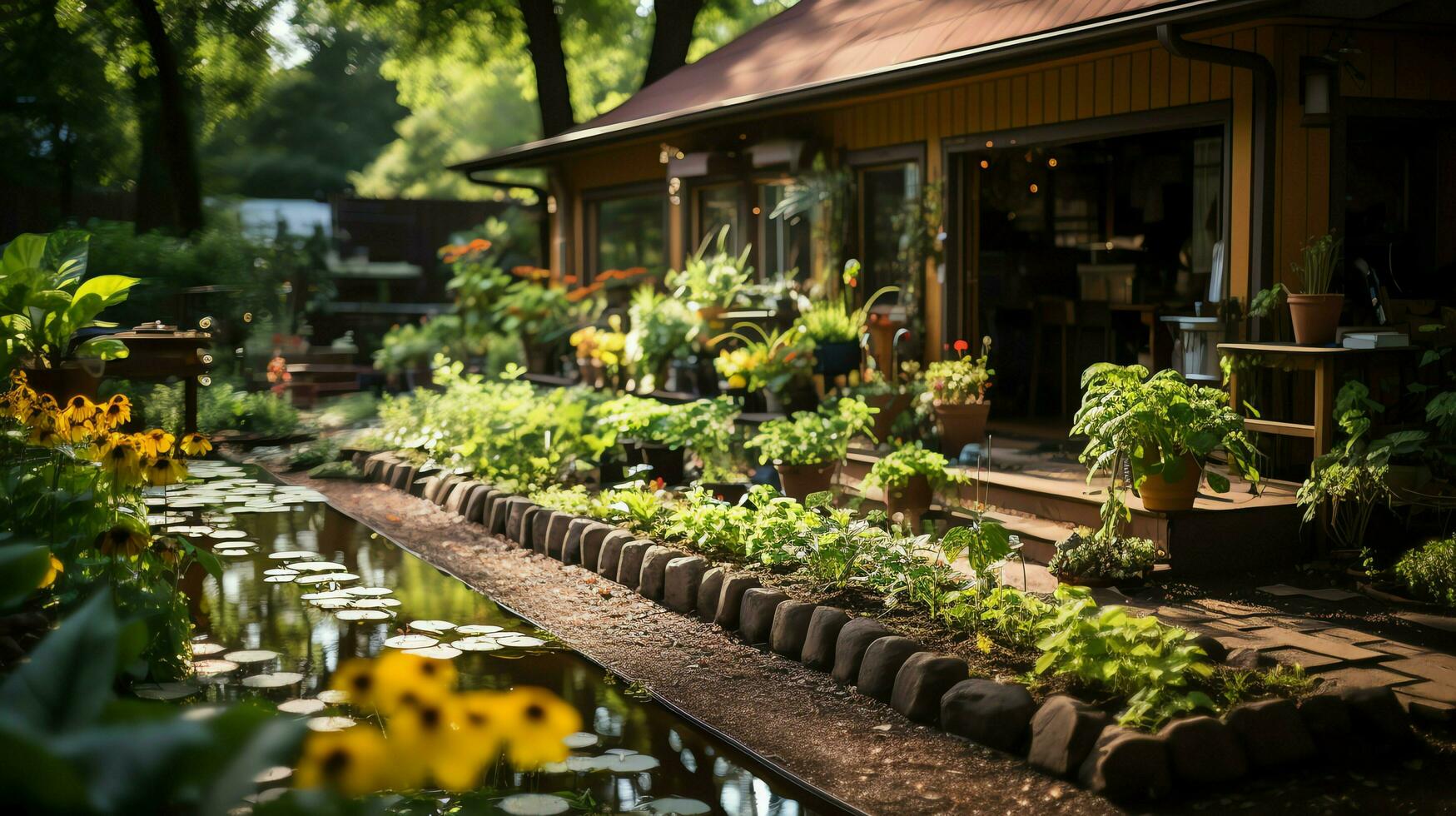 en bois maison dans village avec les plantes et fleurs dans arrière-cour jardin. jardin et fleur sur rural maison concept par ai généré photo