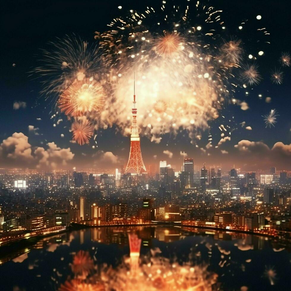 magnifique feu d'artifice spectacle avec paysage urbain à nuit pour fête content Nouveau an. feu d'artifice afficher concept par ai généré photo