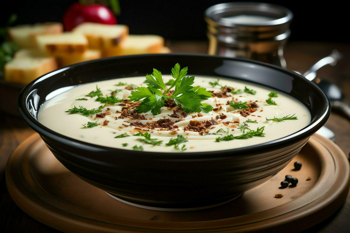 une délicieux Pomme soupe nourriture dans une bol. hiver nourriture et en bonne santé protéine soupe repas concept par ai généré photo