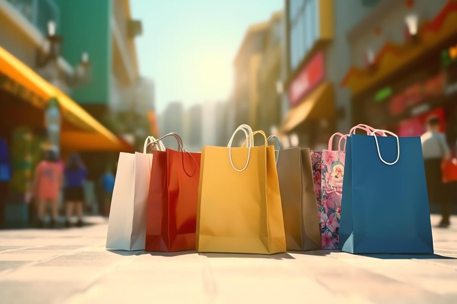 une ensemble de coloré achats Sacs avec poignées. papier achats Sacs proche en haut. achats journées concept par ai généré photo