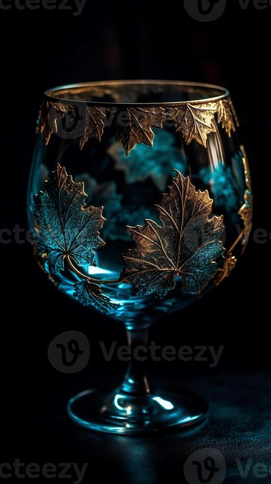 une agréable du vin verre avec or feuilles sur il dans le style de foncé noir et cyan ai généré photo